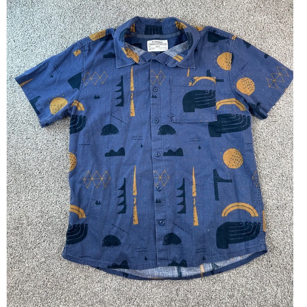 REI Co-op Shirt Mens M Blue Hemp Cotton Abstract Print Short Sleeve Button Down - Picture 2 of 7